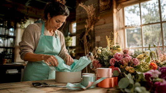 Bloemist stelt in haar atelier een luxe bloemenbox samen als cadeau