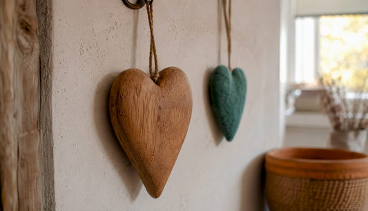Sfeervolle houten en vilten hartjes als woondecoratie