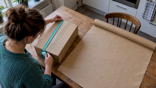 Meetlint naast inpakpapier en een rechthoekige doos