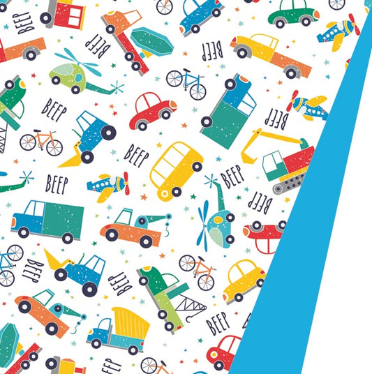 Doppelseitiges Geschenkpapier Rolle - Fahrzeuge Print & Einfarbig Blau - Gestrichenes Papier - 200 Meter - Wahl aus 3 Breiten