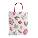 Kerstdraagtas met kerstballen en rode handvatten - Kadopapier.net