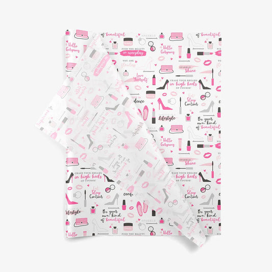 Rodeo Drive tissuepapier – chic wit met roze beauty-motieven – 50x75 cm of 36x50 cm, per 200 vellen