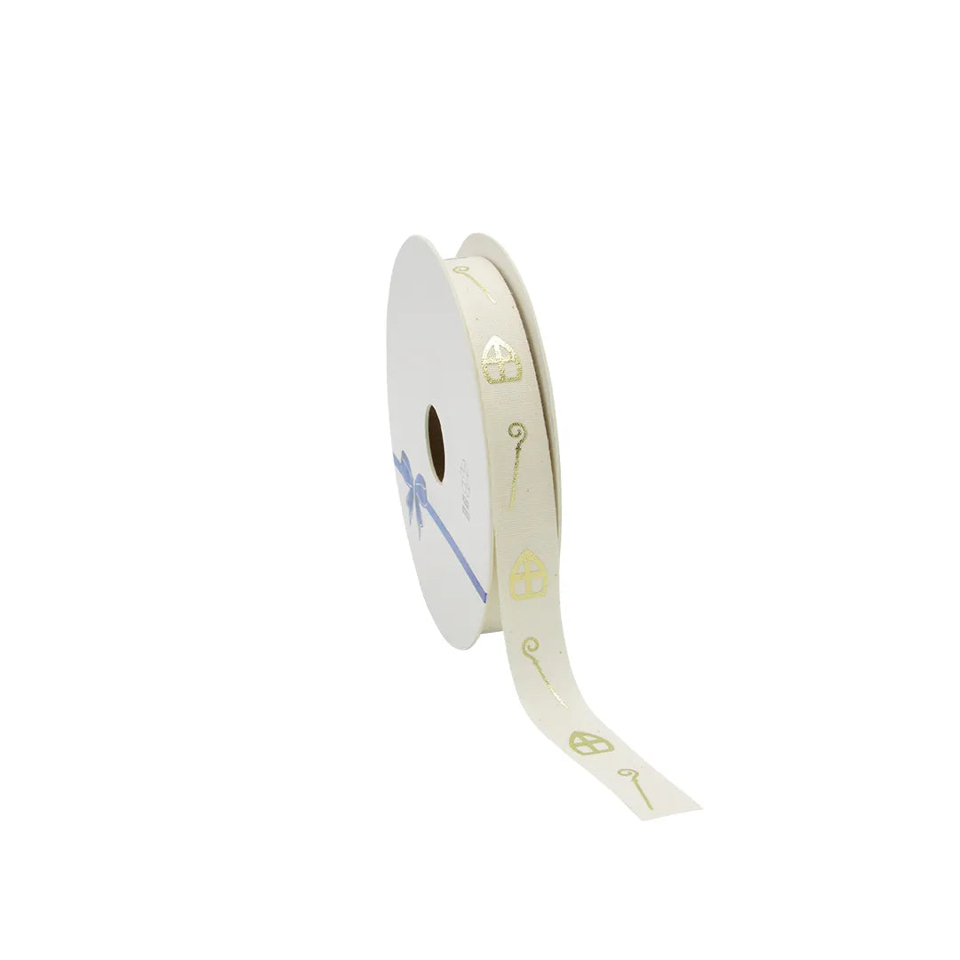Katoen lint ‘Mijter & Staf’ (ECO) – Crème | 15 mm x 20 m