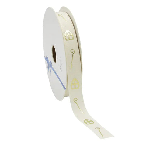 Katoen lint ‘Mijter & Staf’ (ECO) – Crème | 15 mm x 20 m