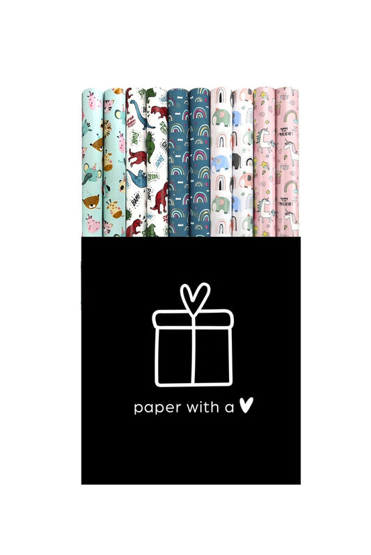 Hello – Geschenkpapier Kinder - 50 Rollen Graspapier - FSC Recycled - Dino, Einhorn & Tiere