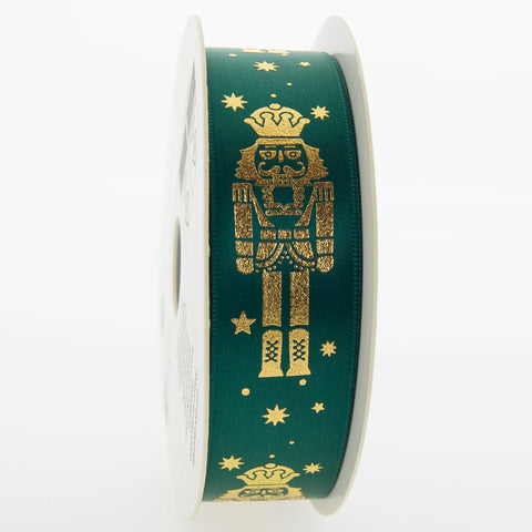 Kerstlint Satijn 'Nutcracker' – Groen met Gouden Notenkraker – Geweven Rand – 25mm x 20m