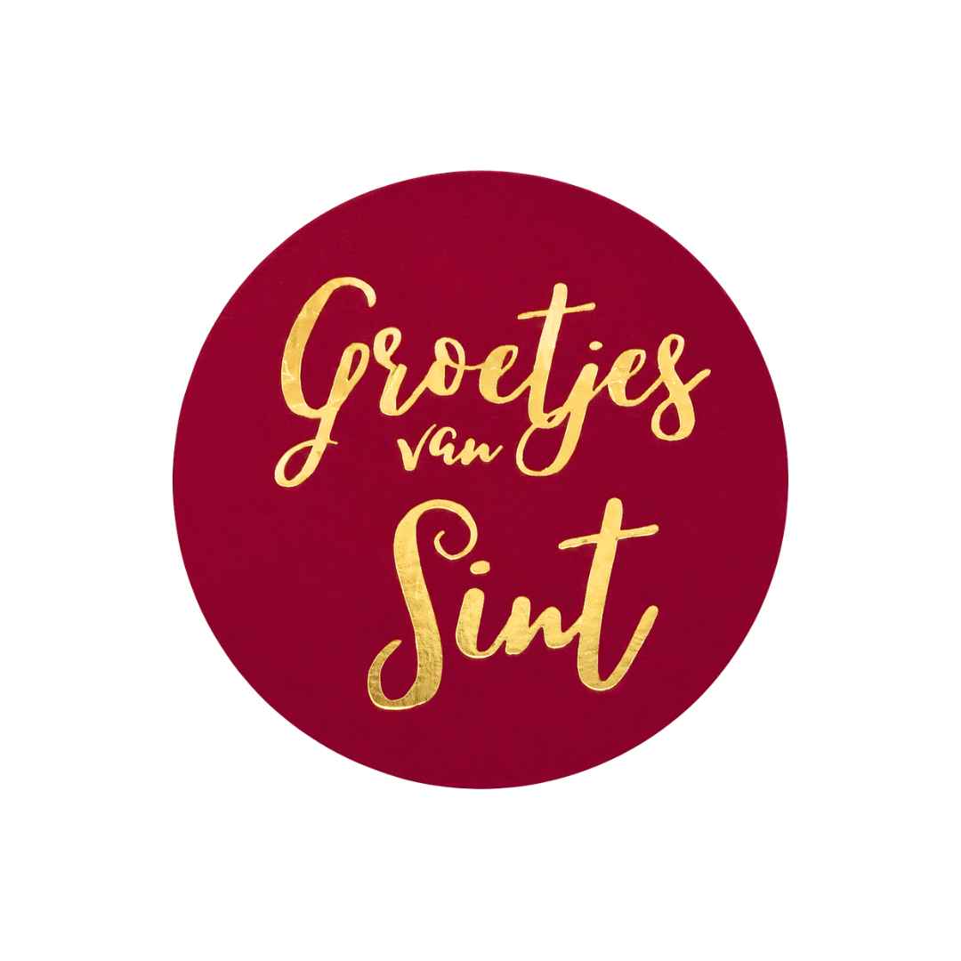 Sint etiket Groetjes van Sint Bordeaux/Goud - Kadopapier.net