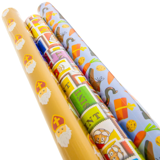 Sinterklaas Inpakpapier - Assortiment van 3 rollen - 70x200 cm - Kleurrijke Sint Prints
