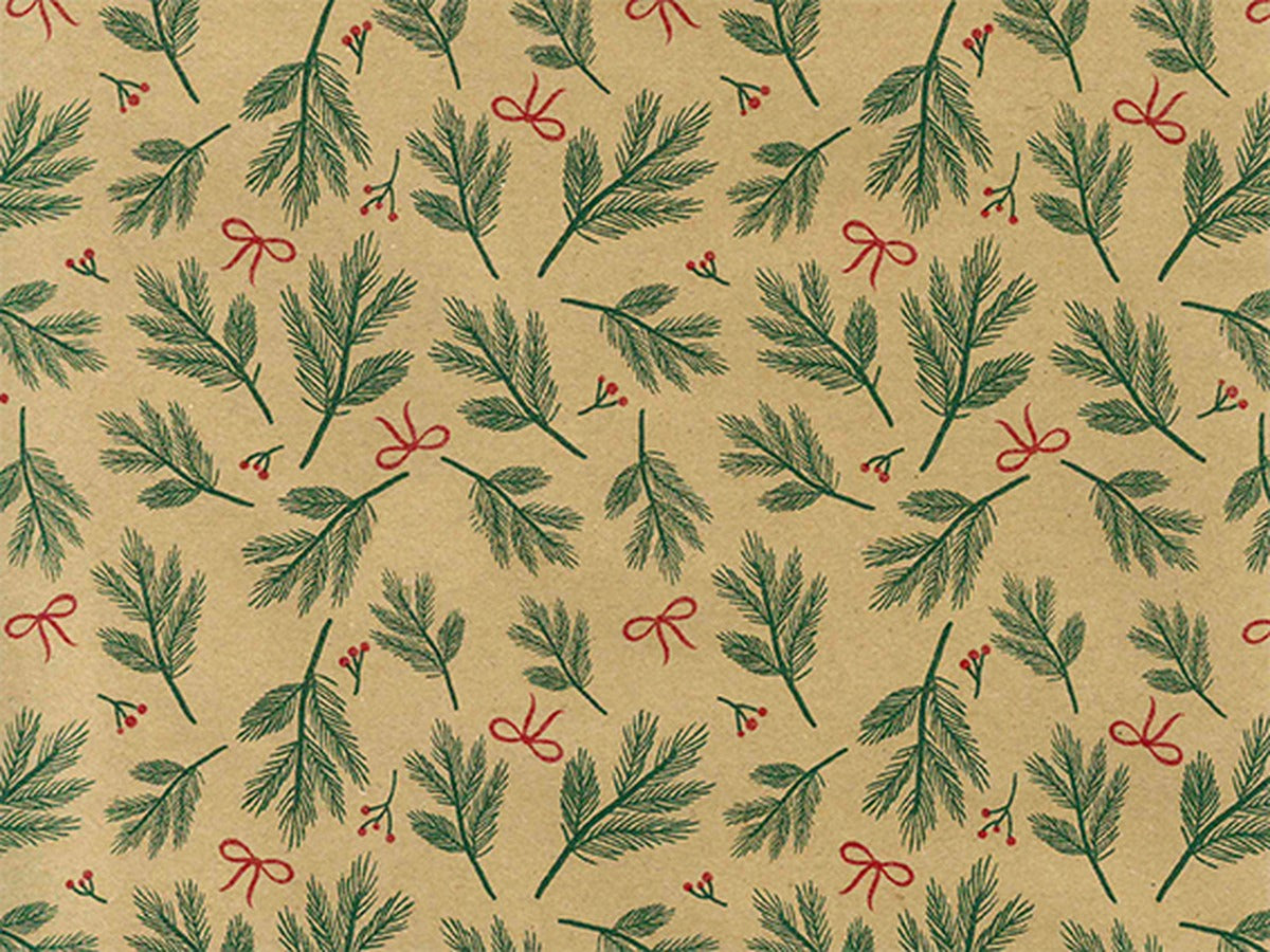 Bows & Berries rol kerstinpakpapier met dennentakken en strikjes op kraft - Kadopapier.net