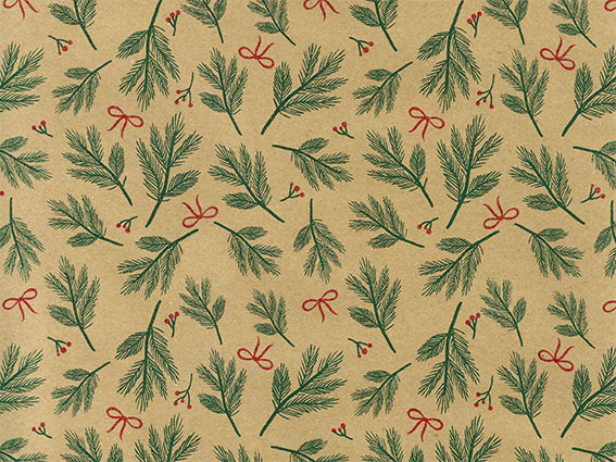 Kraft kerst inpakpapier Bows & Berries met dennentakken en strikjes - Kadopapier.net