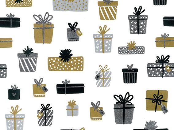 Little Presents rol inpakpapier met kadootjes in zwart, goud en zilver - Kadopapier.net